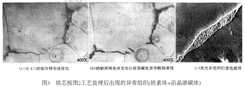 鐵芯按圖2工藝處理后出現的異常組織(鐵素體+沿晶滲碳體)